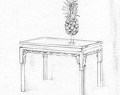 Pencil Drawing, Pineapple with Bird Legs on Antique Table, Pencil Drawing of Furniture