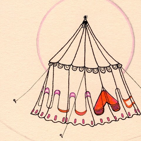 Valentine Circus Tent, Geometric Landscape, Original Drawing on Cream Colored Mat Board