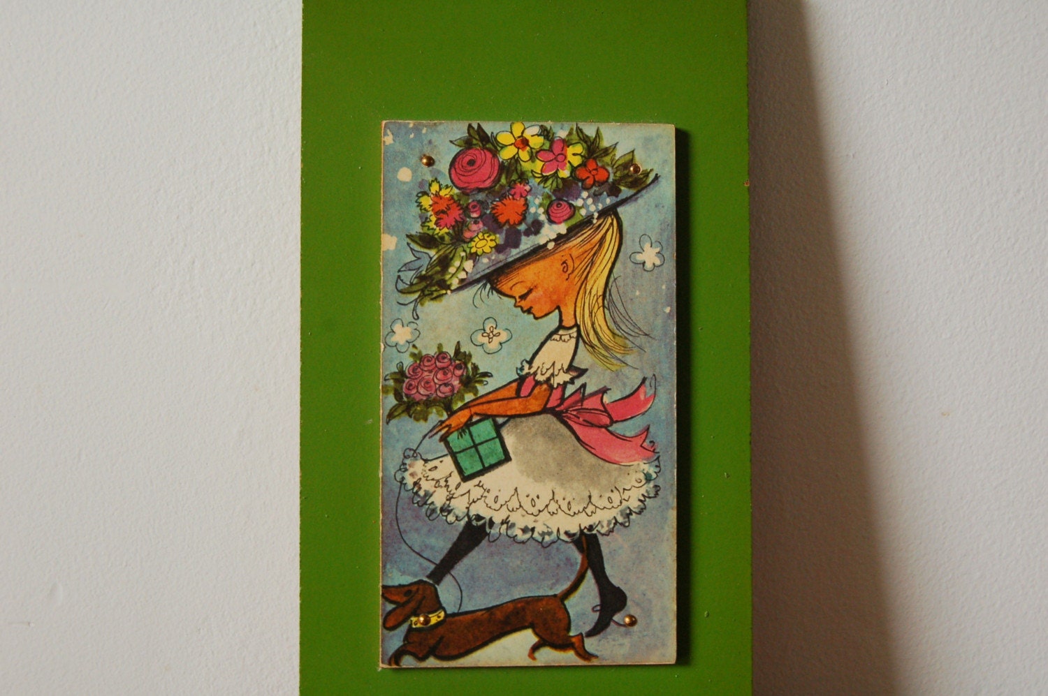 a stylish GIRL and her DOG. vintage wall plaque.