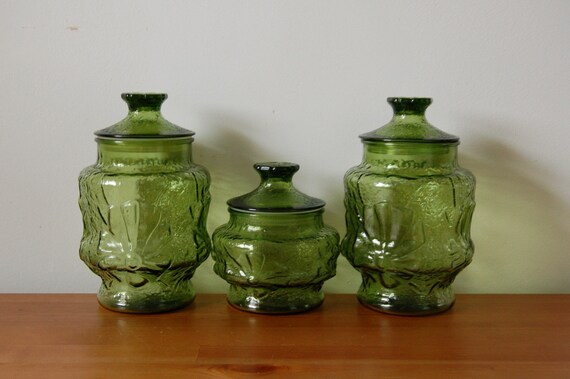 vintage GREEN GLASS canister set. 3 jars. by thevintageholicfrog