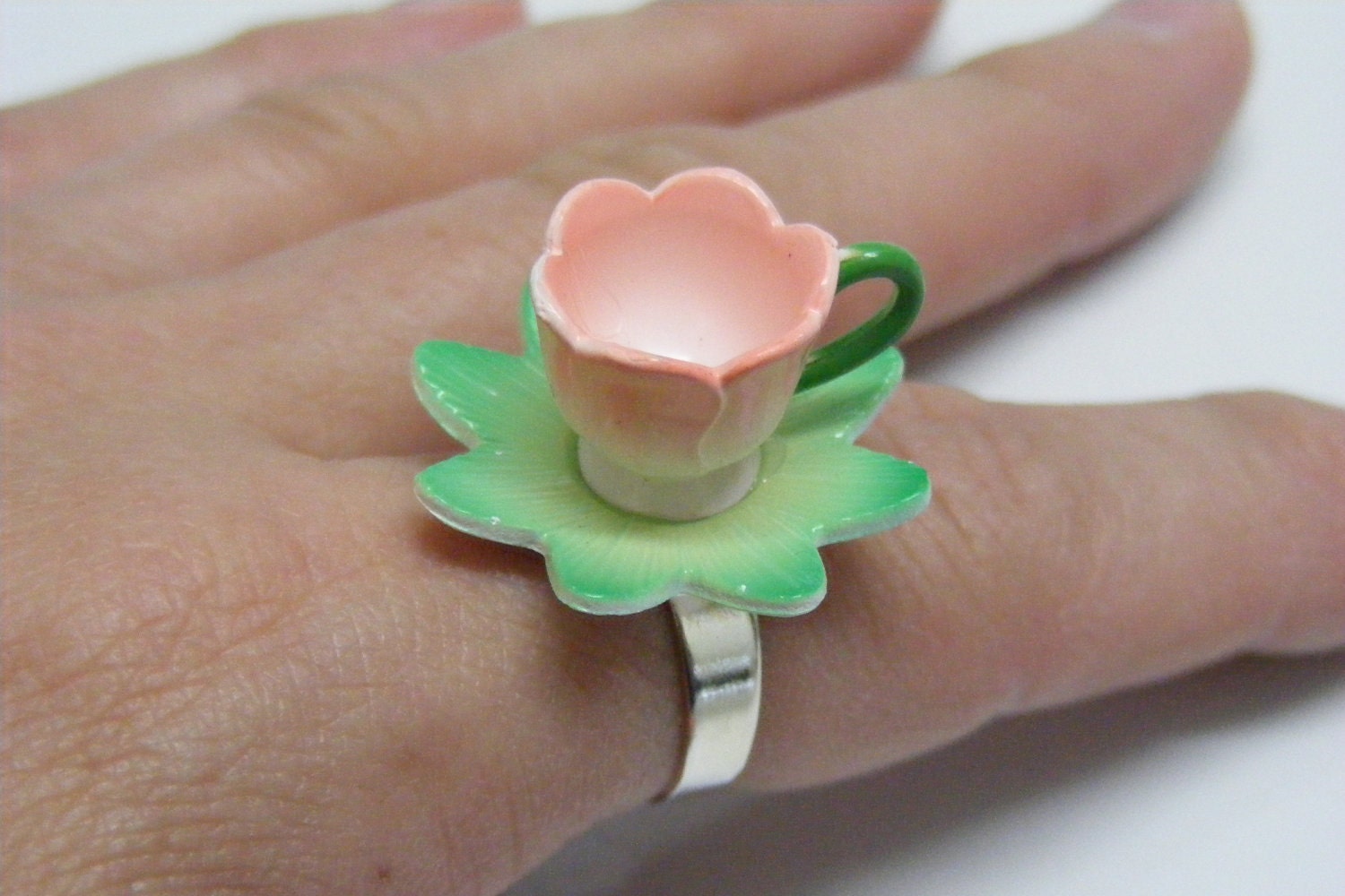 Pink Tulip Fairy Tale Tea Cup Ring OOAK