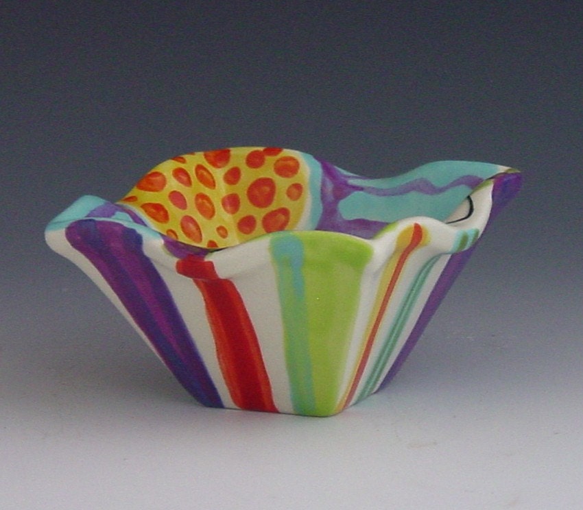 Small Bowl - Jubilation Extra Small Flareware Bowl - Colorful Whimsical Ceramic Pottery for Serving Home Decoration or Gift Giving   J-215
