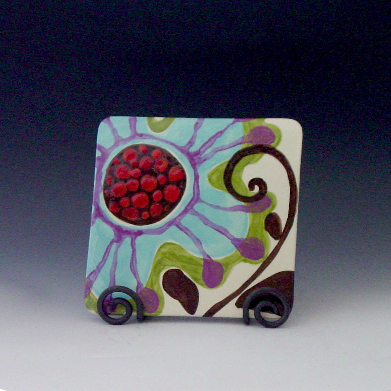 Mod Floral Trivet -  Urban Fusion Square Trivet - Colorful Ceramic Pottery Serving Modern Tabletop Home Decoration Gift Giving   UF-185
