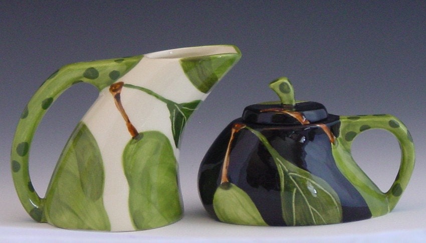 Tea Set - Pear Funky Tea Pot, Cream & Sugar - Colorful Handpainted Green Pear Pottery for Serving Modern Home Decor Gift P-369, P-374