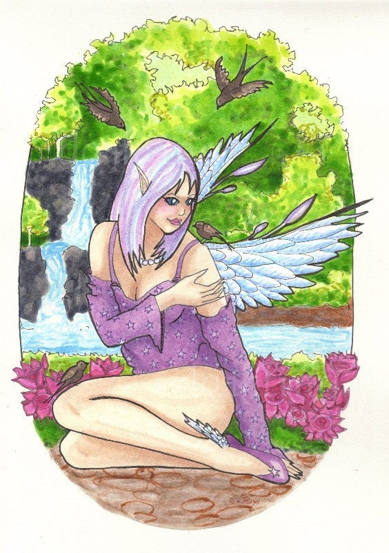 Fairy Angel and Sparrows original fantasy art illustration Psychopomps spirit guide