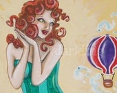 Cephalopod Pin Up prep cook Lady fantasy art original surreal painting 11 x 14 hot air balloon beets