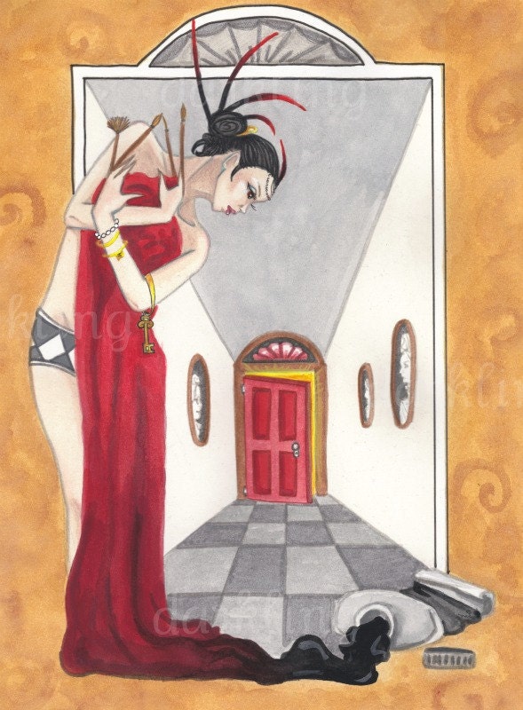 Red Door Black surreal and strange sexy fantasy Art Print Open Edition 4 x 6 paintbrush fingers