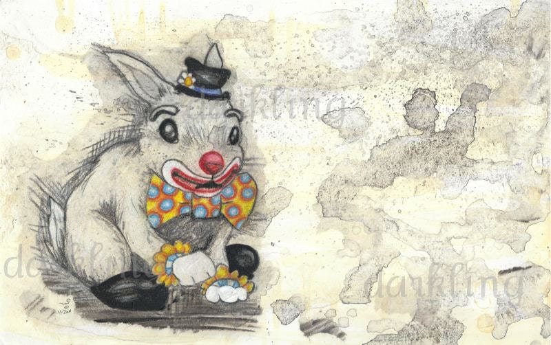 White Rabbit Clown bunny Original mixed media Collage painting animal carnival Art