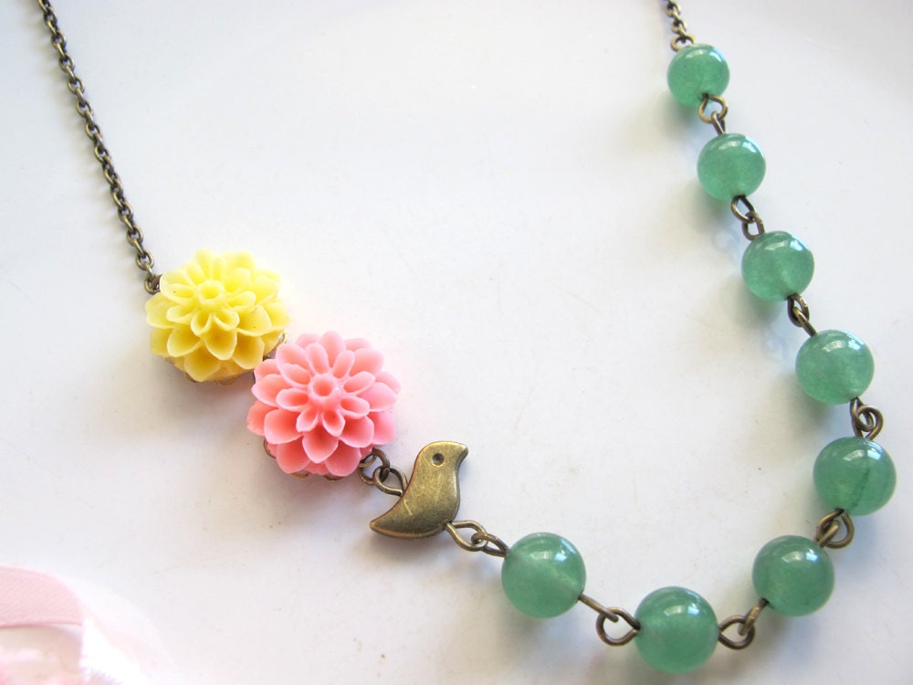 Calls for Spring. Nature Inspired. Yellow, Pink Pompom Chrysanthemum flowers, Sparrow Bird & Green Glass beads Antiqued Brass Necklace
