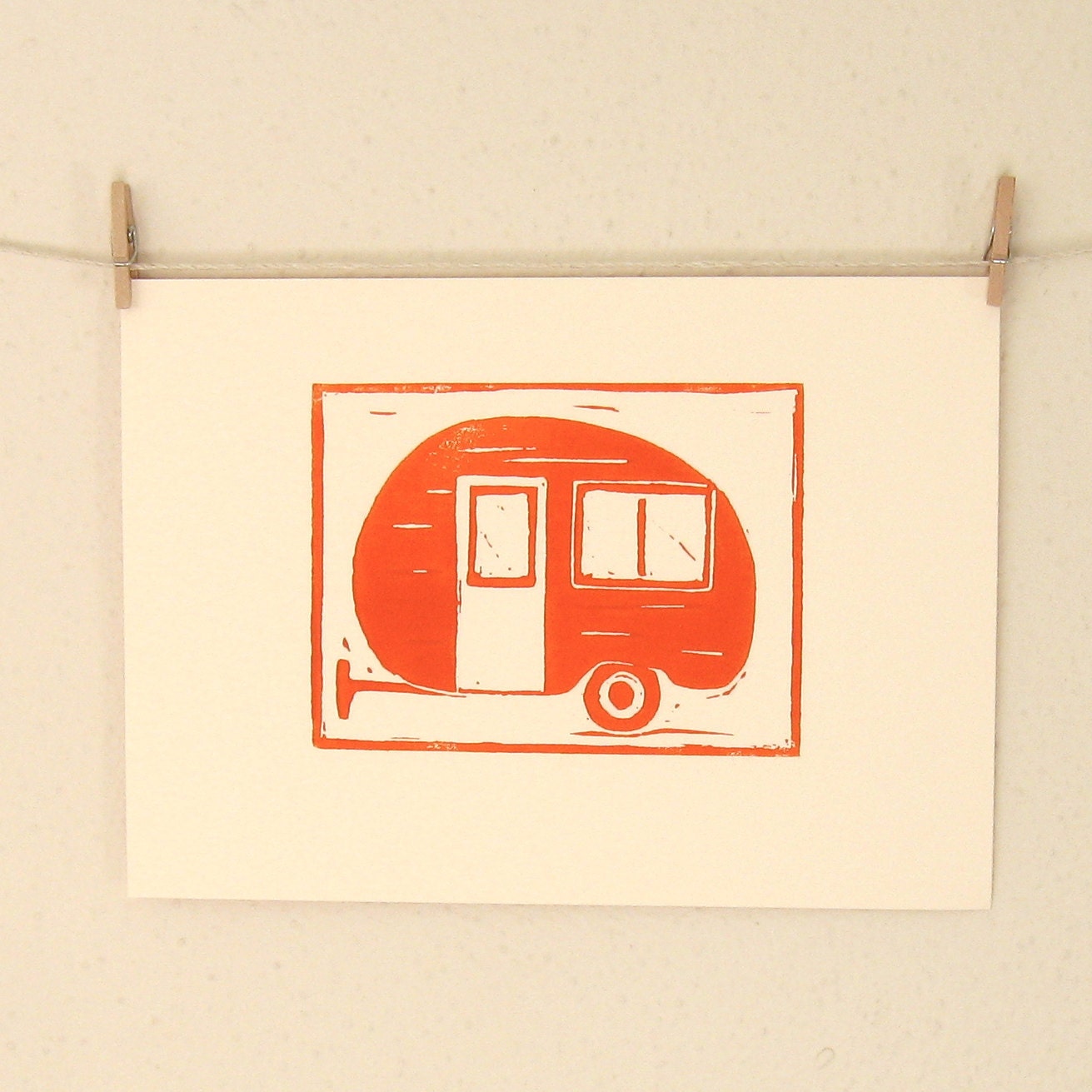 Vintage Travel Trailer in Orange and Cream, A Hand Pulled Linocut Print