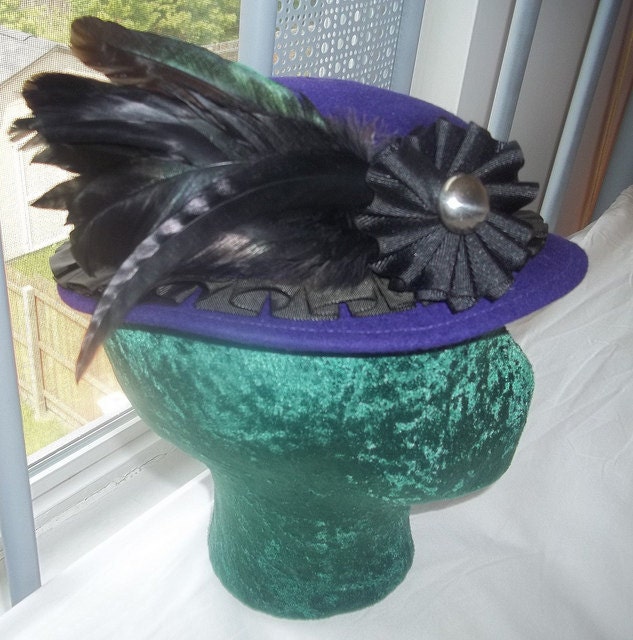 SALE Neo Victorian Steampunk Hat Purple and Black Feathered Cocktail Fascinator