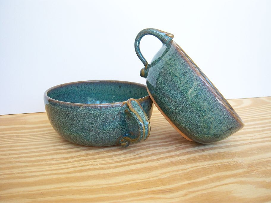 Stoneware Bowls One Handle in Sea Mist Glaze - Set of Two