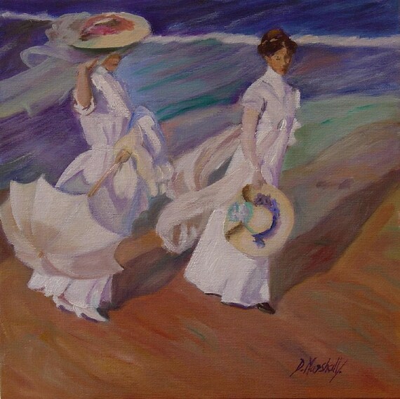 A Walk on the Beach after Spanish artist Joachin Sorrola y Bastida - 10 x 10 oil painting