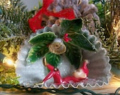 One of a Kind Heirloom Shadow Box / Diorama  / Pixie Elf and Sugar Bells Christmas Ornament Vintage Tart Pan