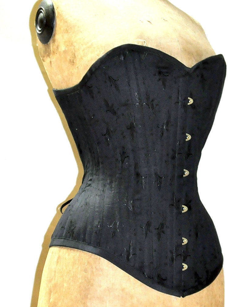 Steampunk Victorian Corset Black Brocade Steelboned Overbust Burlesque Classic Tightlacing Noir
