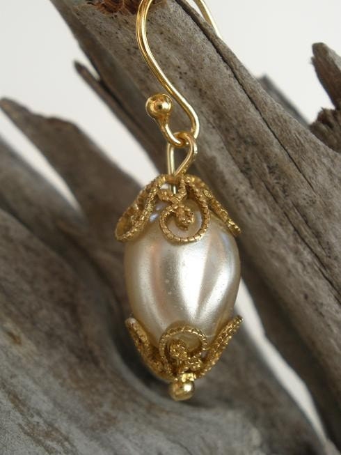 Miriam Haskell Baroque Pearl 24K Russian Gold Earrings