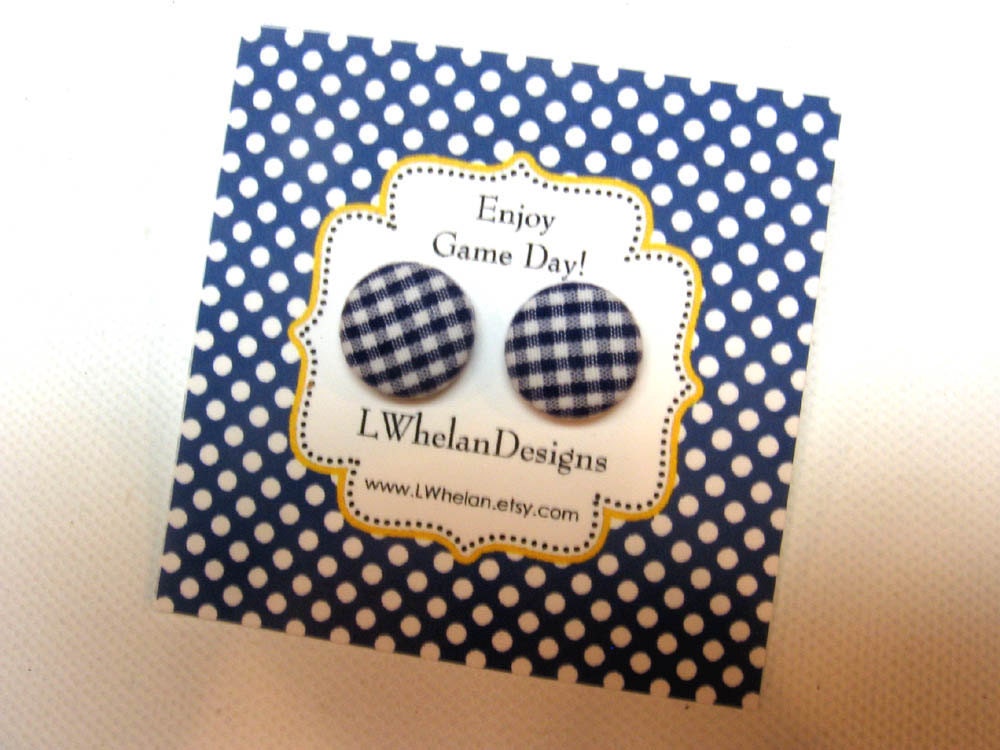 Game Day Fabric Button Earrings Blue and White Gingham