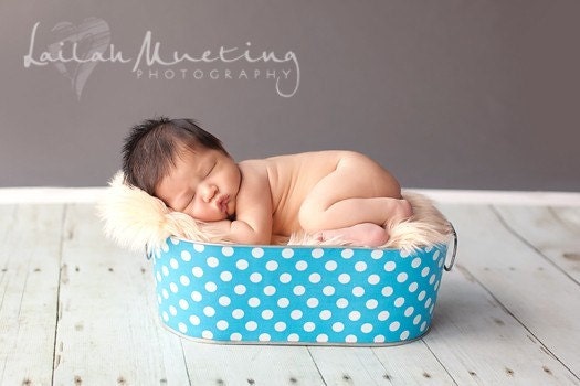 Baby Boy Photo Prop Galvanized Tub Large Oblong Aqua and White Polka Dot