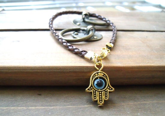 Brown stringvegan  leather kabbalah bracelet evil eye, Kabbalah Madonna hamsa