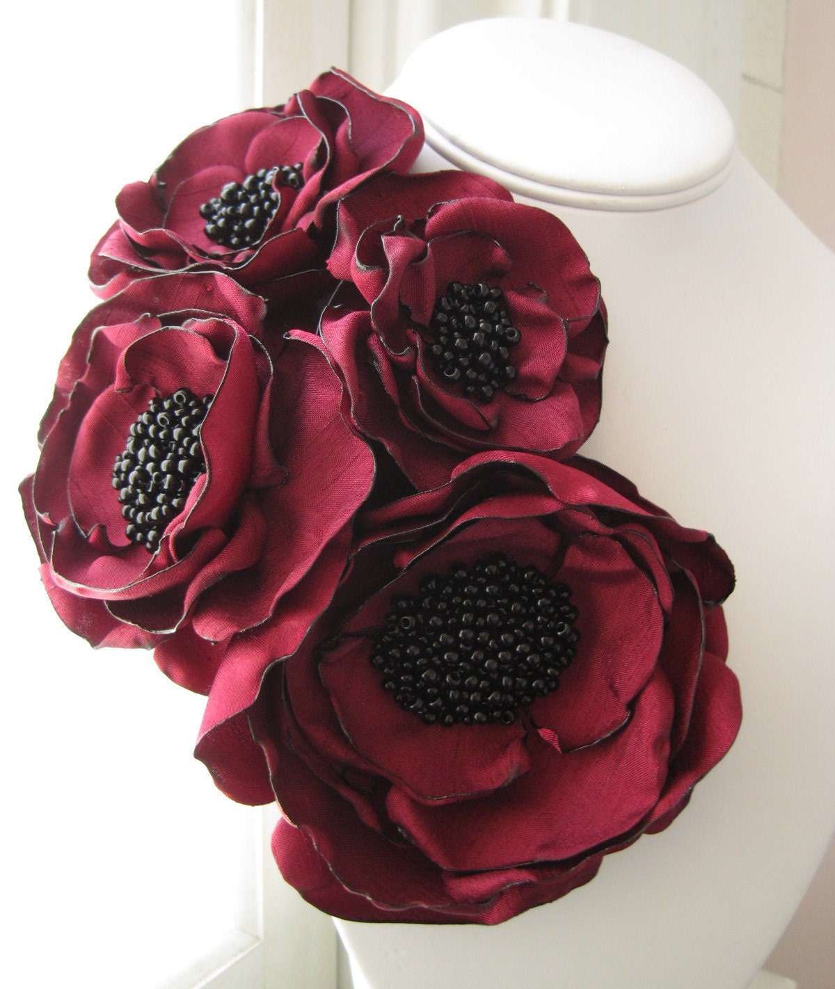 fabric flower brooch -  Made To Order - four bloom  corsage pin in winter's red with seed bead centers - MAYA