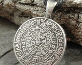 Mens Leather Cord Necklace w/ Pewter Disk of Phaistos Coin Pendant