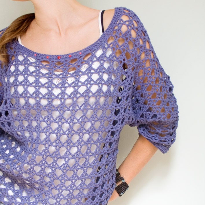 Crochet Jumper in Cobalt Blue with Red Star Button Trim