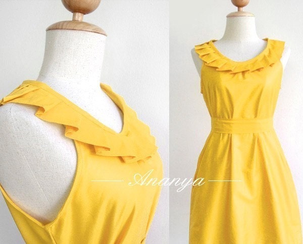 Custom fully lined bridesmaid pleated collar dress with sash, pockets - custom size and length in YELLOW