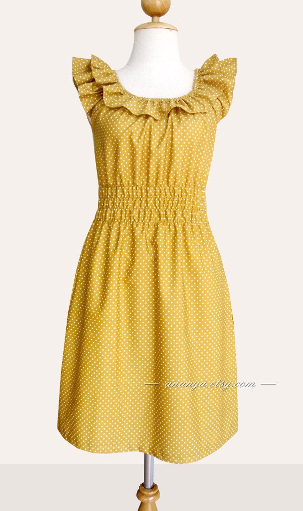 Custom ruffled collar dress w/ pockets in mustard yellow