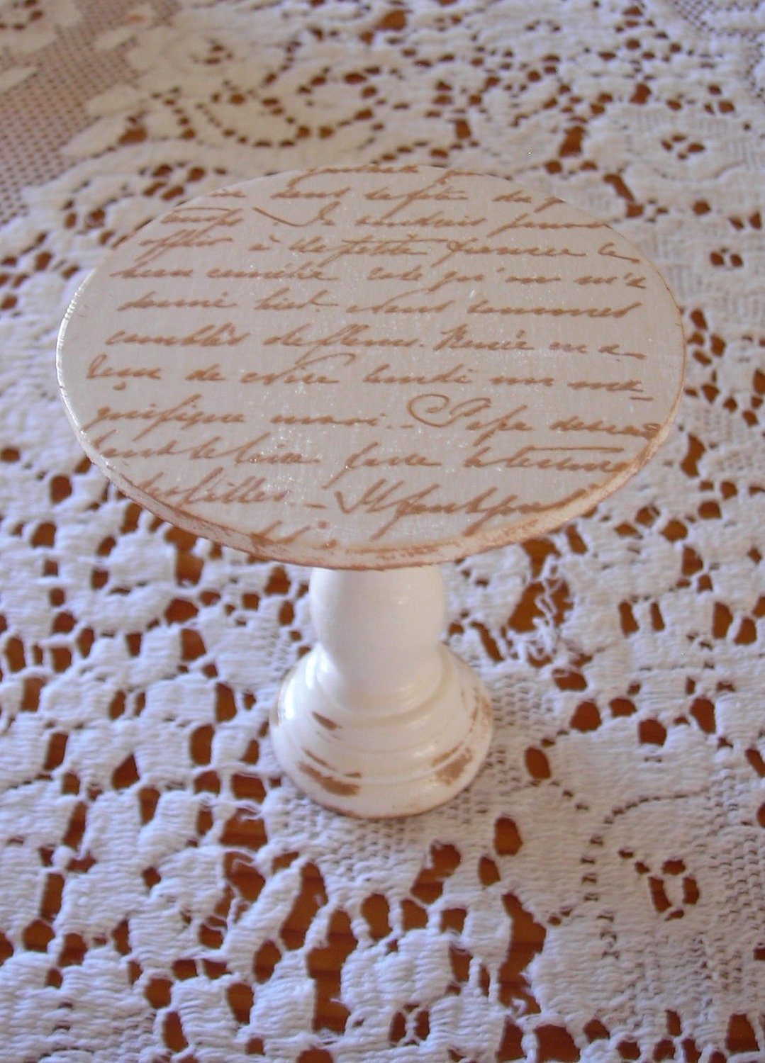 Shabby French Chic little mini wooden cupcake stand with French Script distressed