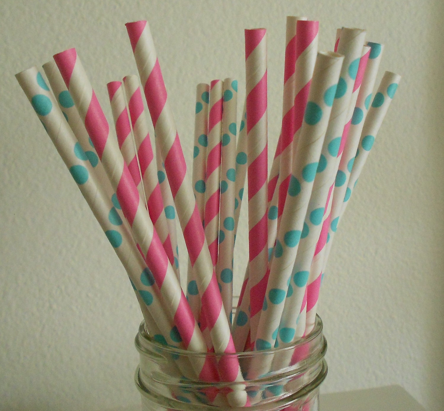 Bubble gum Pink and White striped paper straws with aqua polka dot and white mix 25 retro cute