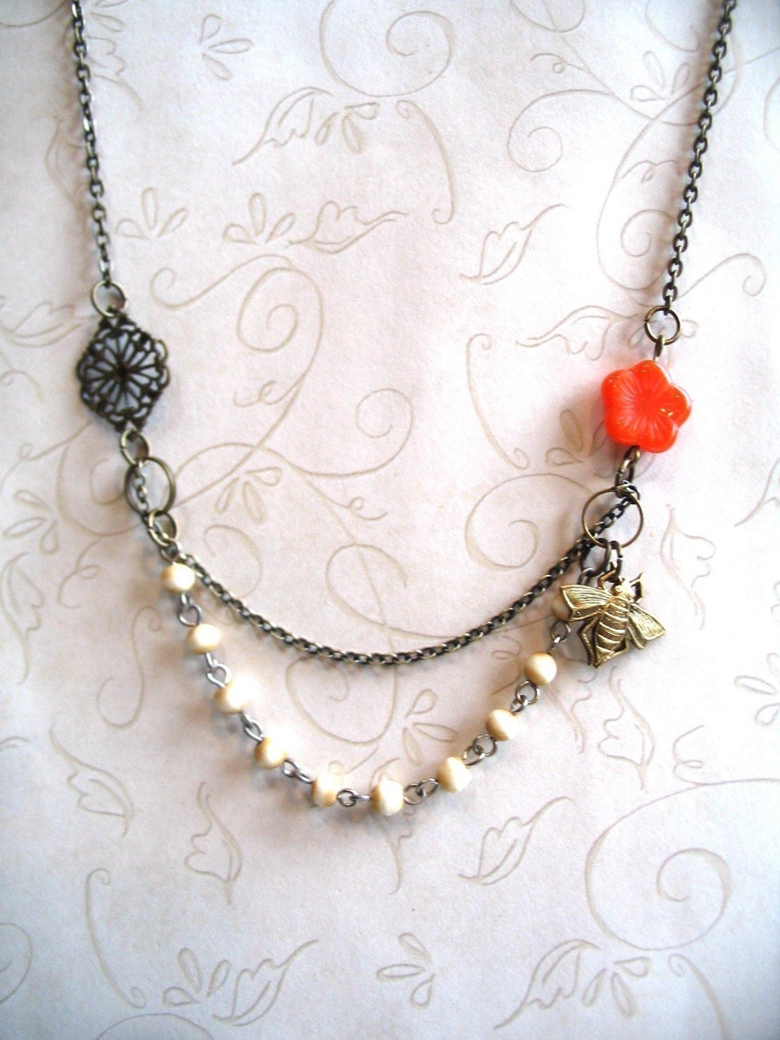 Bee Necklace vintage style with orange flower - brass bee charm
