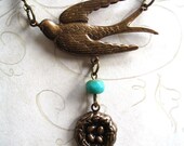 Bird nest necklace  - antiqued brass bird charm with turquoise bead