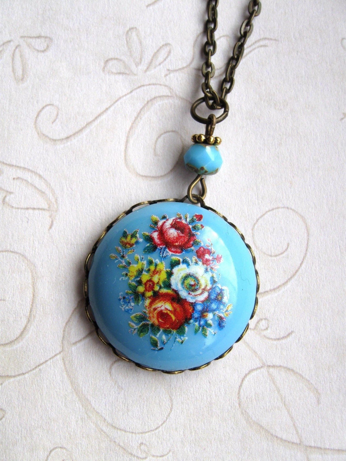 Boho Blue Flower Necklace - vintage cabochon