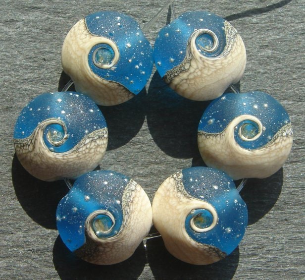 Lampwork beads 854 Lentils (6) Ocean Waves, Sea, Water