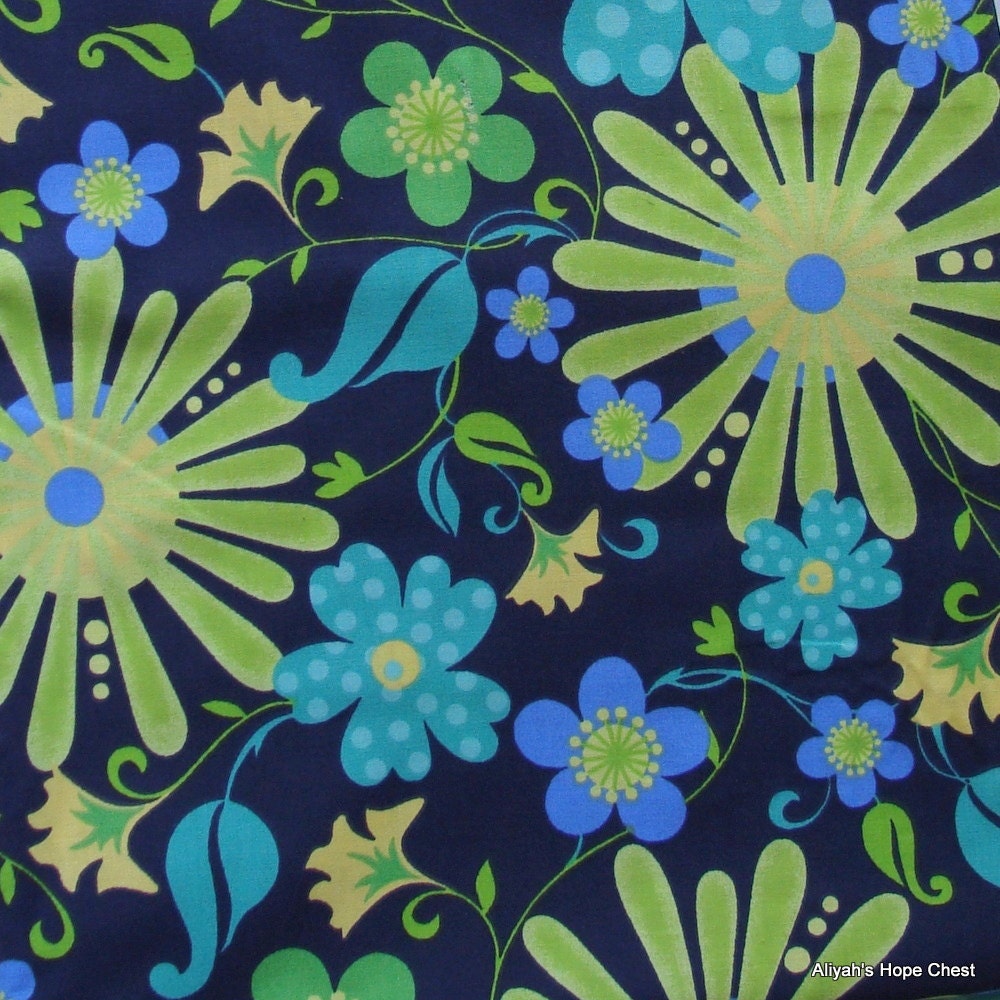 Purple/Green/Blue flowers on Navy Fabric - 33 inch REMNANT