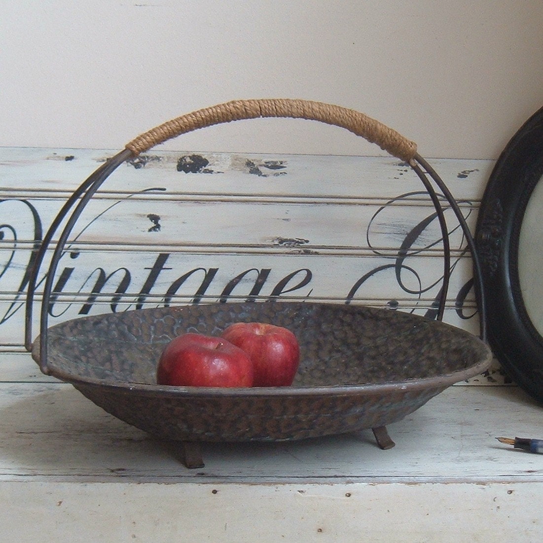 vintage metal basket with rope wrapped handle by ImSoVintage