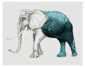 The Stone Elephant 8x10 Art Print - elephant, animal, zoo, drawing, sketch, grayscale, teal, aqua