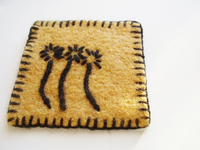 Felted coasters from upcycled wool sweater, Golden yellow and black, Embroidered Set of 4