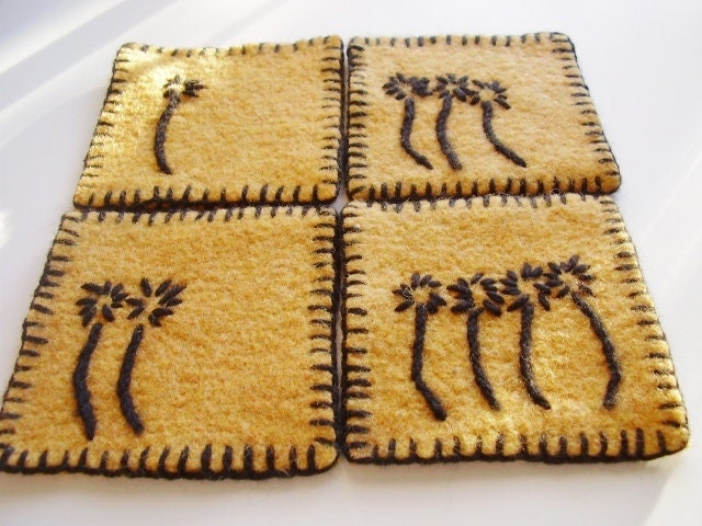 Felted coasters from upcycled wool sweater, Golden yellow and black, Embroidered Set of 4