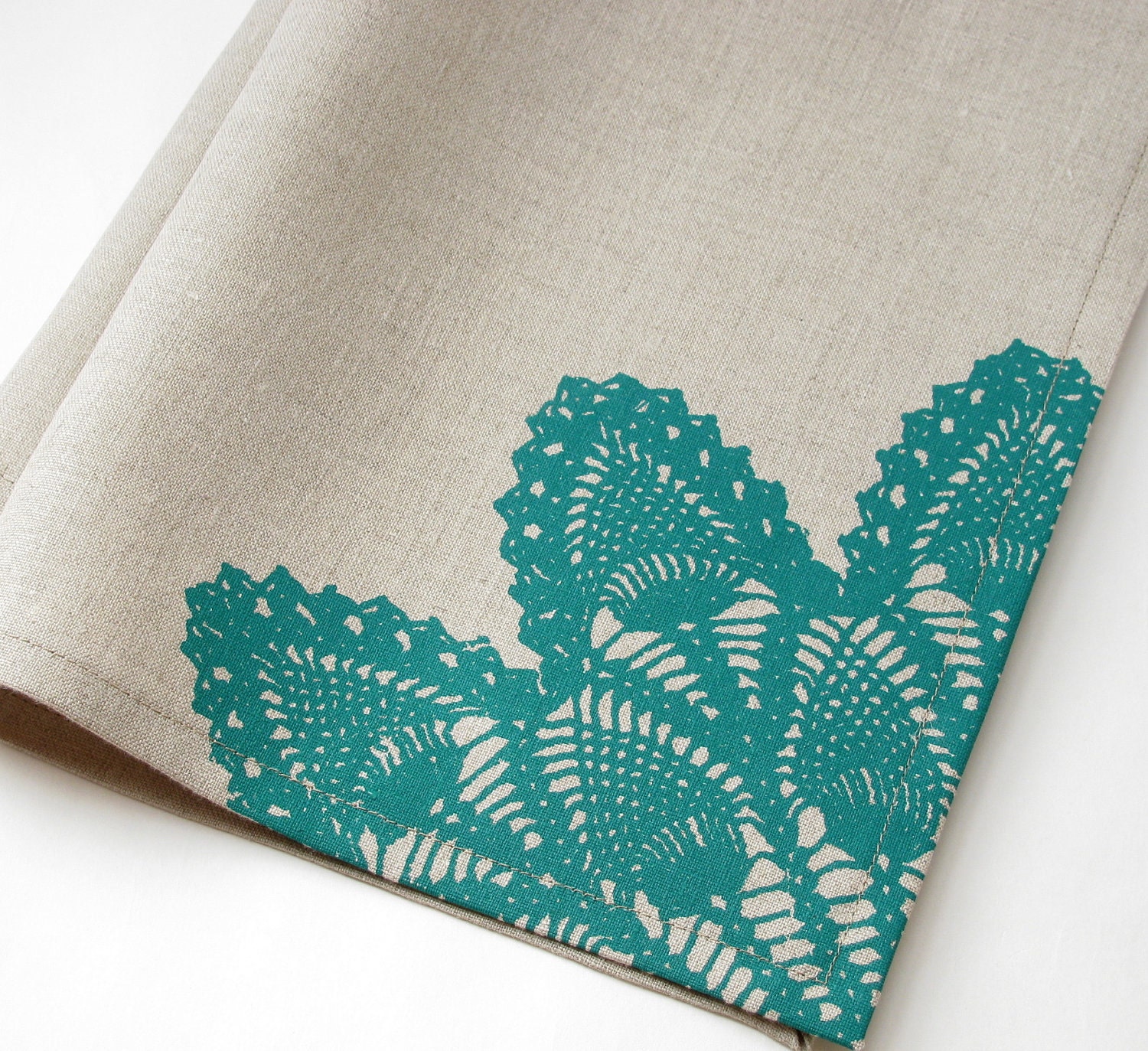 turquoise LACE screenprinted natural linen towel - StirAtHome