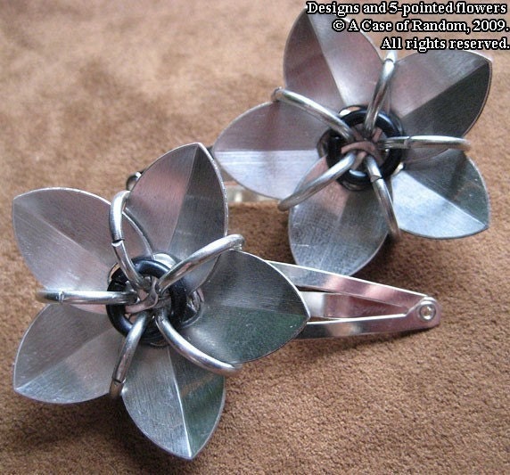 Black Lotus--silver and black scale maille flower barrettes