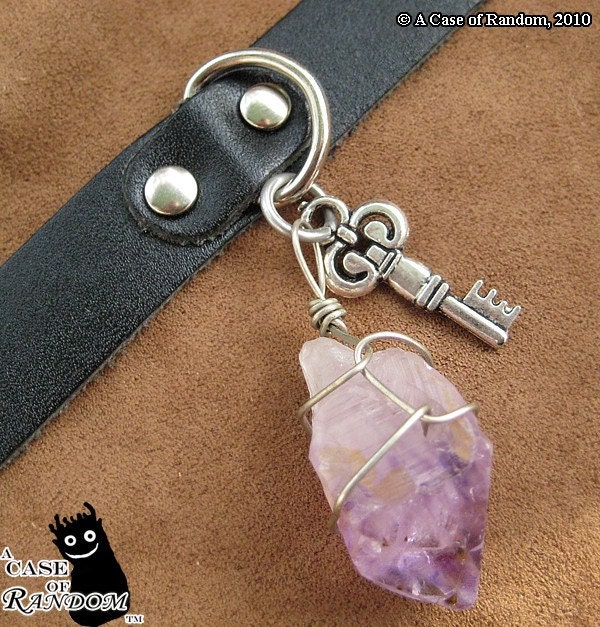 black leather wristlet with amethyst and skeleton key