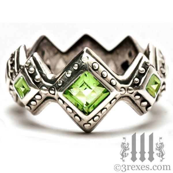 Medieval Wedding Rings on Renaissance Wedding Ring Moss Green Peridot Stones Gothic Sterling