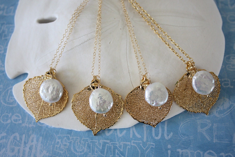 4 Bridesmaid Necklaces, Bridesmaid Gift, Leaf Necklace, Pearl Leaf Jewelry, Gold Leaf