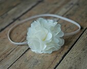 Baby Flower Headband Cream Satin and Mesh Flower On Skinny Elastic Headband Photo Prop For Babies, Infants, Toddlers, Children or Adults