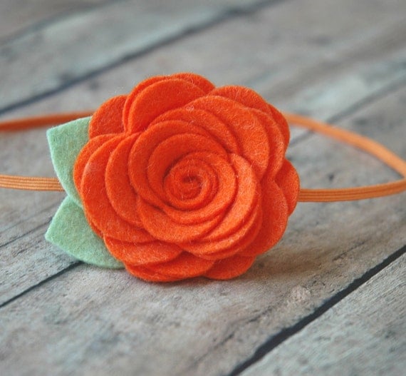Wool Felt Flower Headband - Large Rose In Orange - Skinny Elastic Headbands