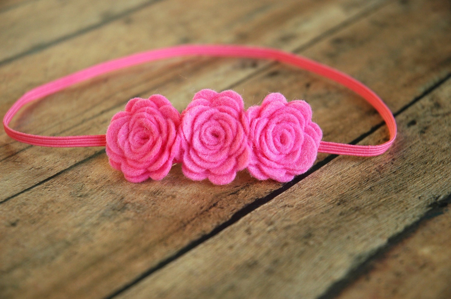 Wool Felt Flower Headband - Barbie Pink Rose Trio - Newborn Baby to Adult Headband
