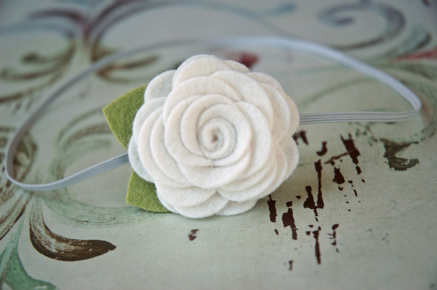 Girls White Wool Felt Flower Headband - Baby Flower Head Bands - Large Felt Rose In Snow White - Silver Elastic Photography Prop