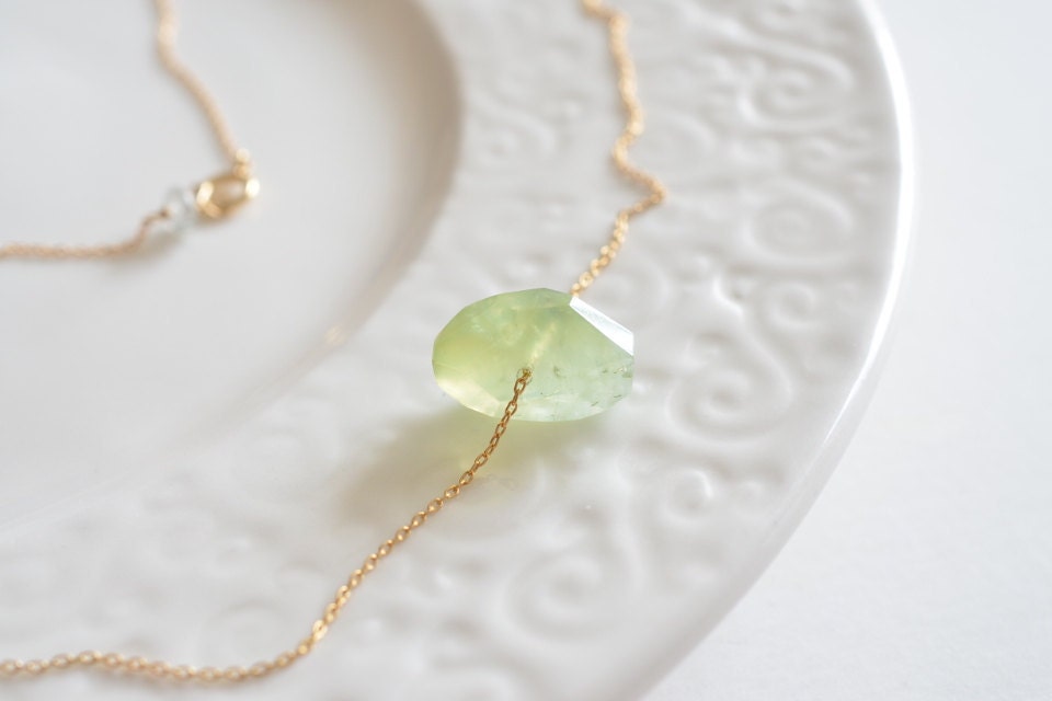 Minimalist Pale Green Prehnite Gold Necklace