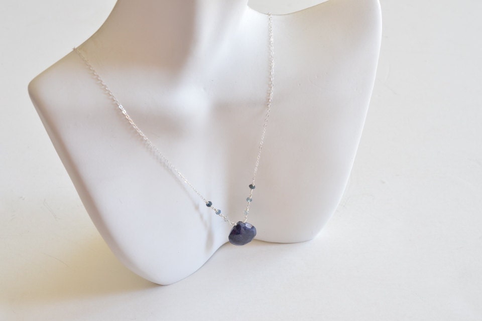 Blue Sapphire & Heart Charm Shiny Sterling Silver Necklace
